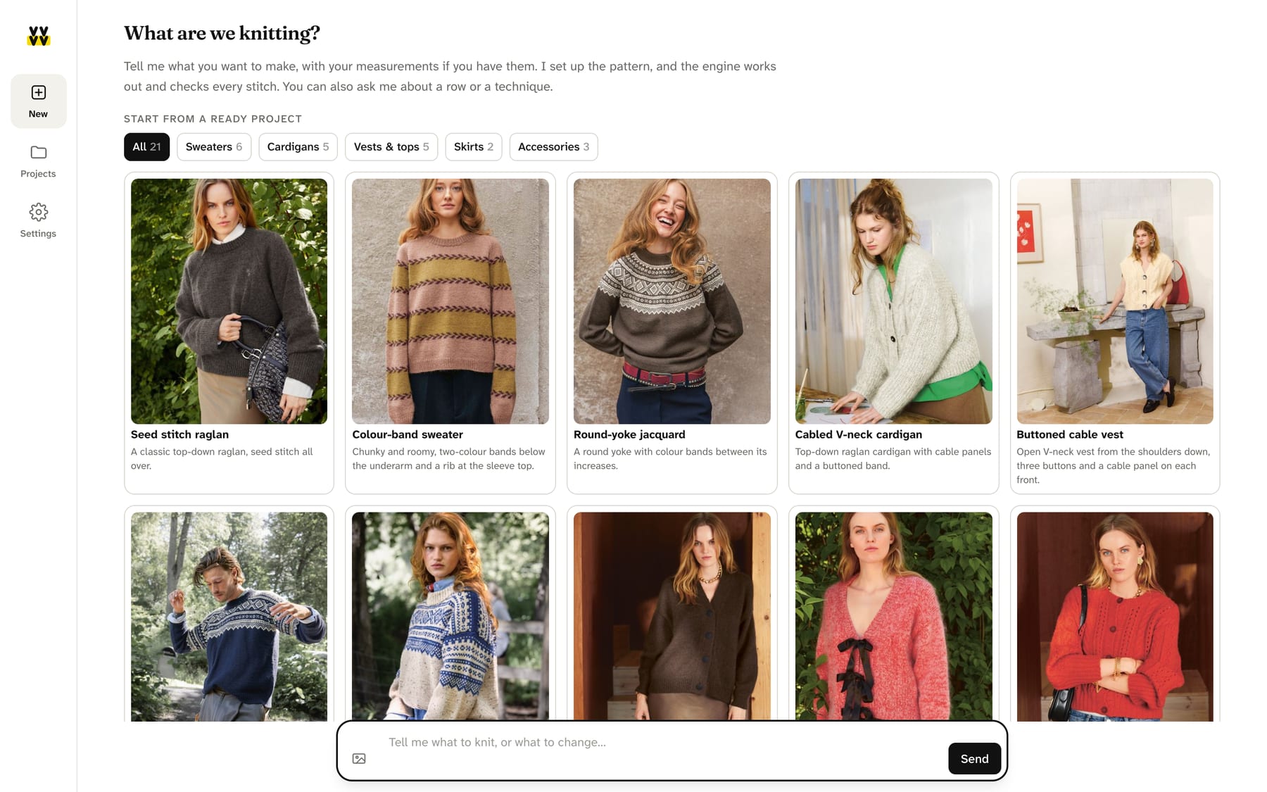 The New page: ready projects to start from and a chat box that reads 'Tell me what to knit, or what to change'