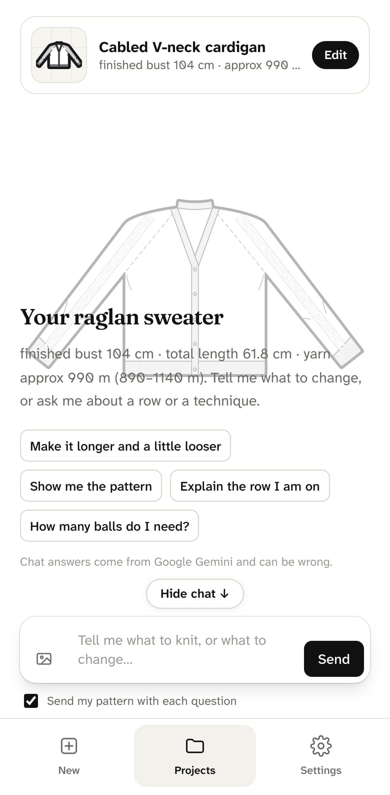 Rowwise on a phone: the drawing of the cardigan and the assistant