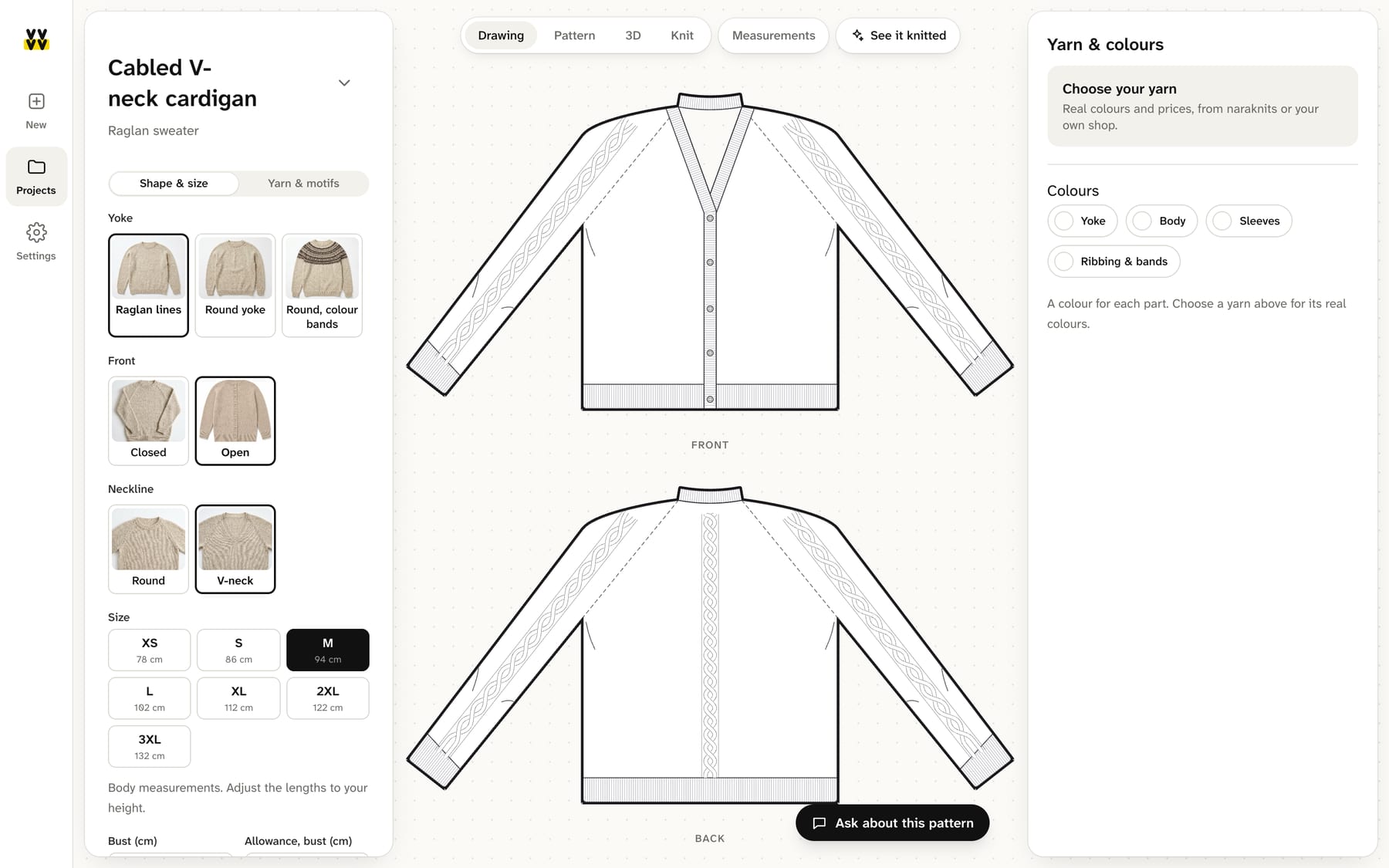 The Rowwise workspace: options on the left, the schematic of a cabled V-neck cardigan with measurements in the middle, yarn and colours on the right