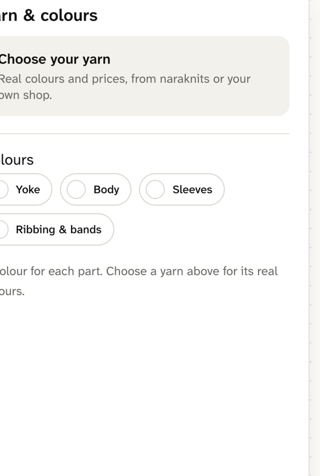 The Yarn and colours panel: choose your yarn, then colour the yoke, the body, the sleeves and the bands